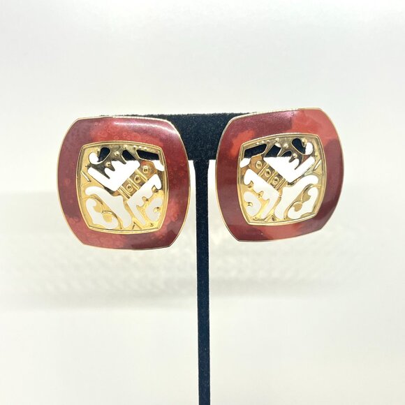 VINTAGE BEREBI ABSTRACT EARRINGS GOLD TONE RED MODERNIST ARTISAN STATEMENT - Picture 1 of 13